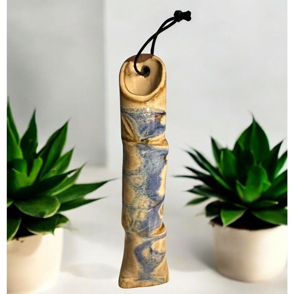 Vintage Pottery Raku Fired Glaze 10” WallVase Tan Blue HandPainted‎